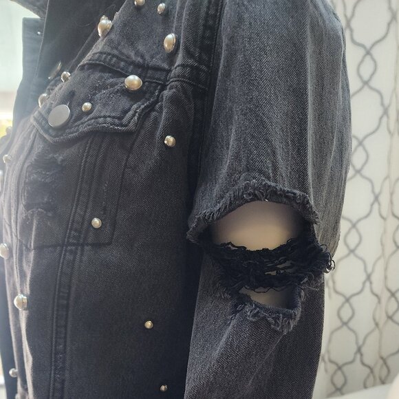 TINSEL Women’s Distressed Black Denim Jacket with Pearl Accents - Size S - Picture 12 of 12